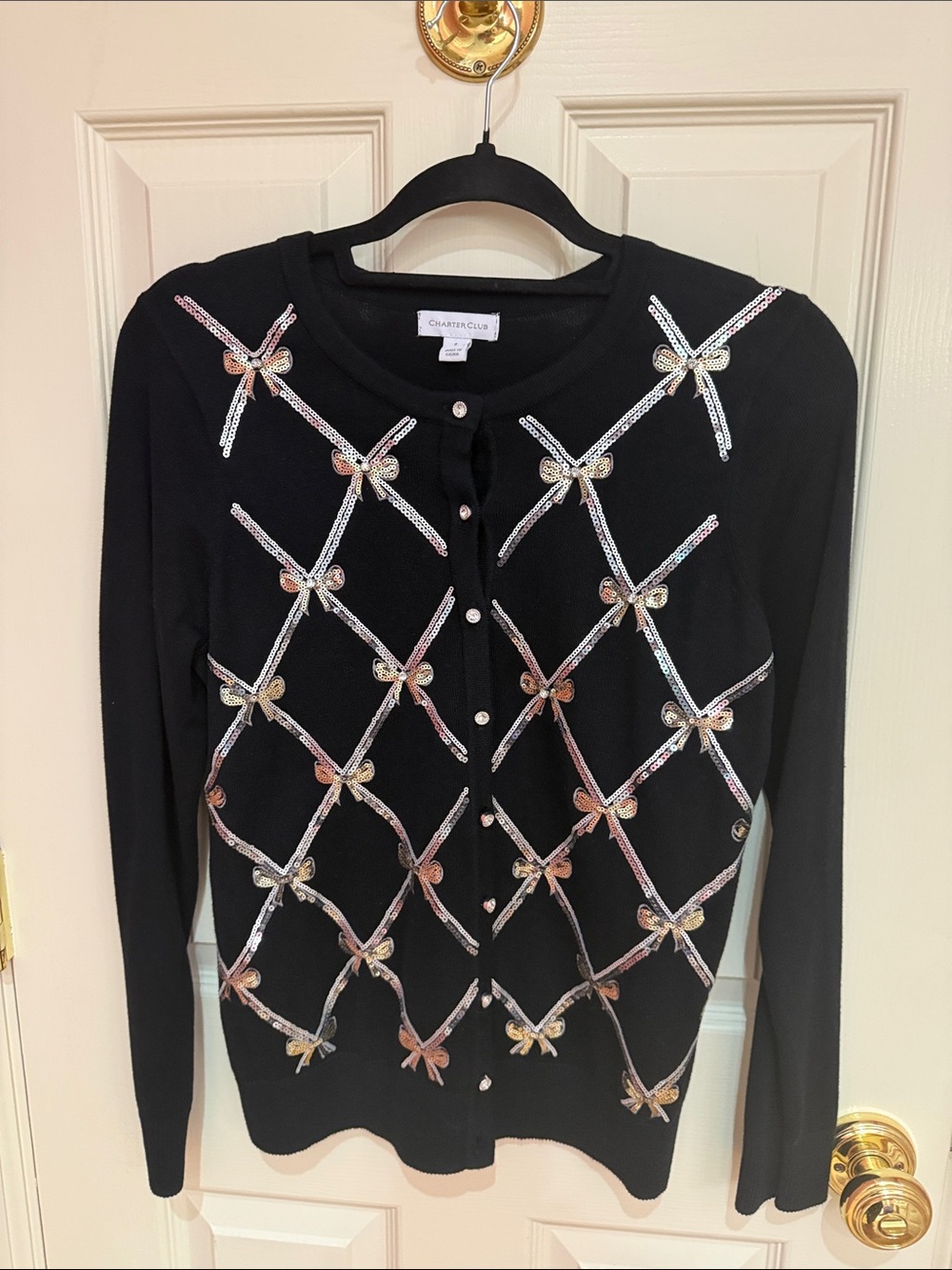 Charter Club Black Cardigan with Sequin Bow Lattice